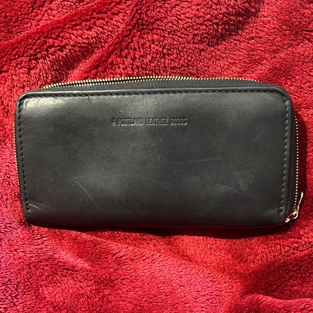 Portland Leather Black Zip Wallet with Gold Zipper